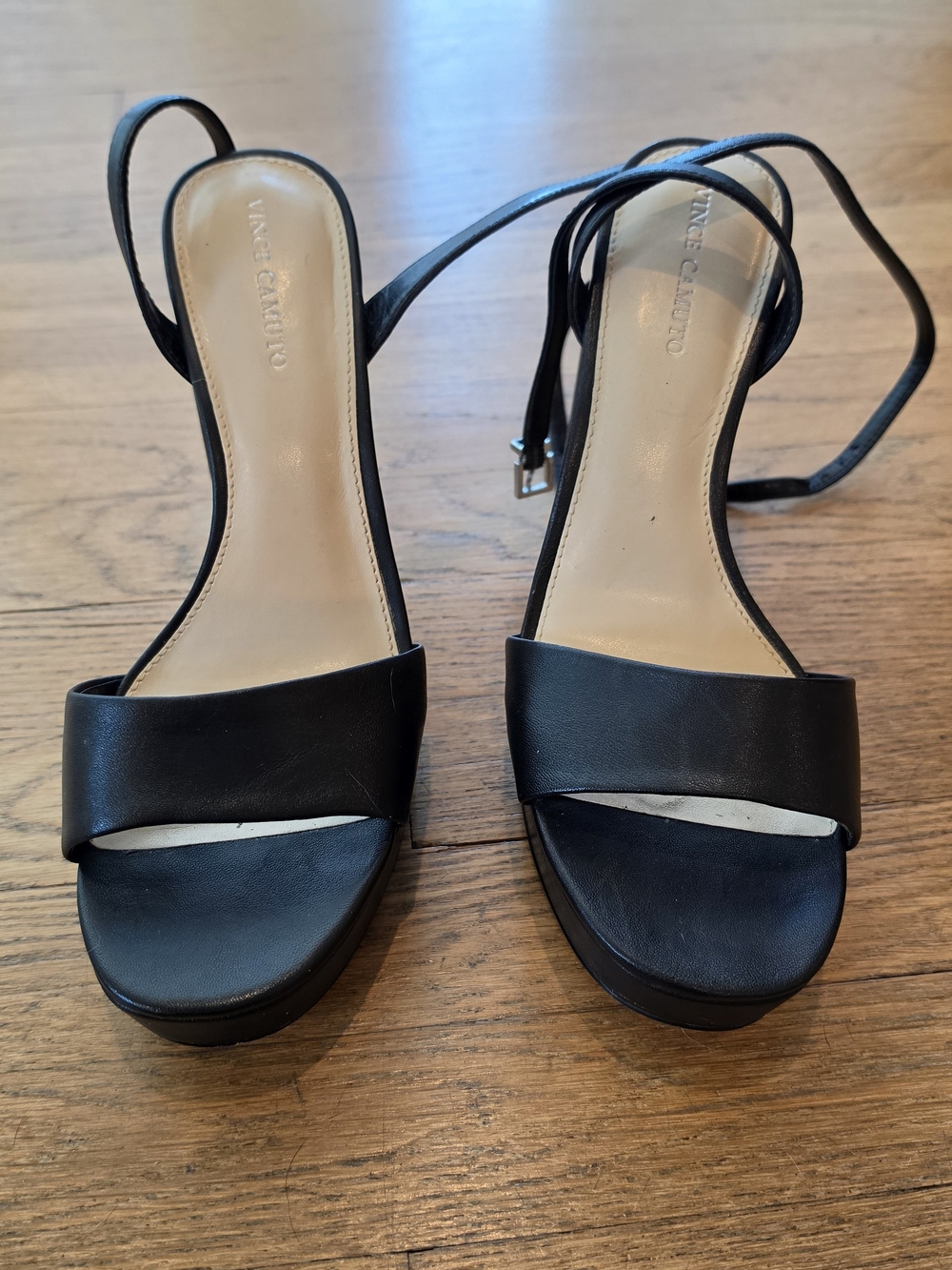 Vince Camuto Black Leather Pendry Platform Sandal Open-Strap Ankle Tie Heels